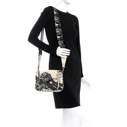 Valentino Garavani Calfskin Panther Medium Guitar Strap Rockstud Rolling Flap Saddle Bag White Black 2 of 9