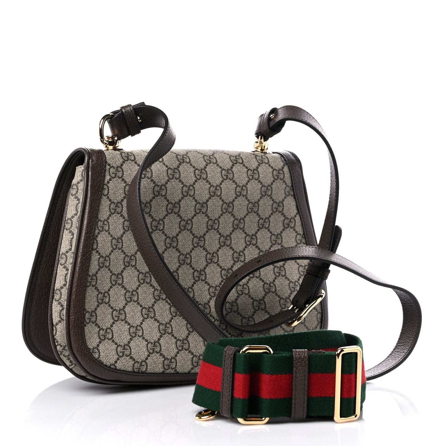 GG Supreme Monogram Textured Dollar Calfskin Web Medium Blondie Shoulder Flap Bag Beige Ebony New Acero