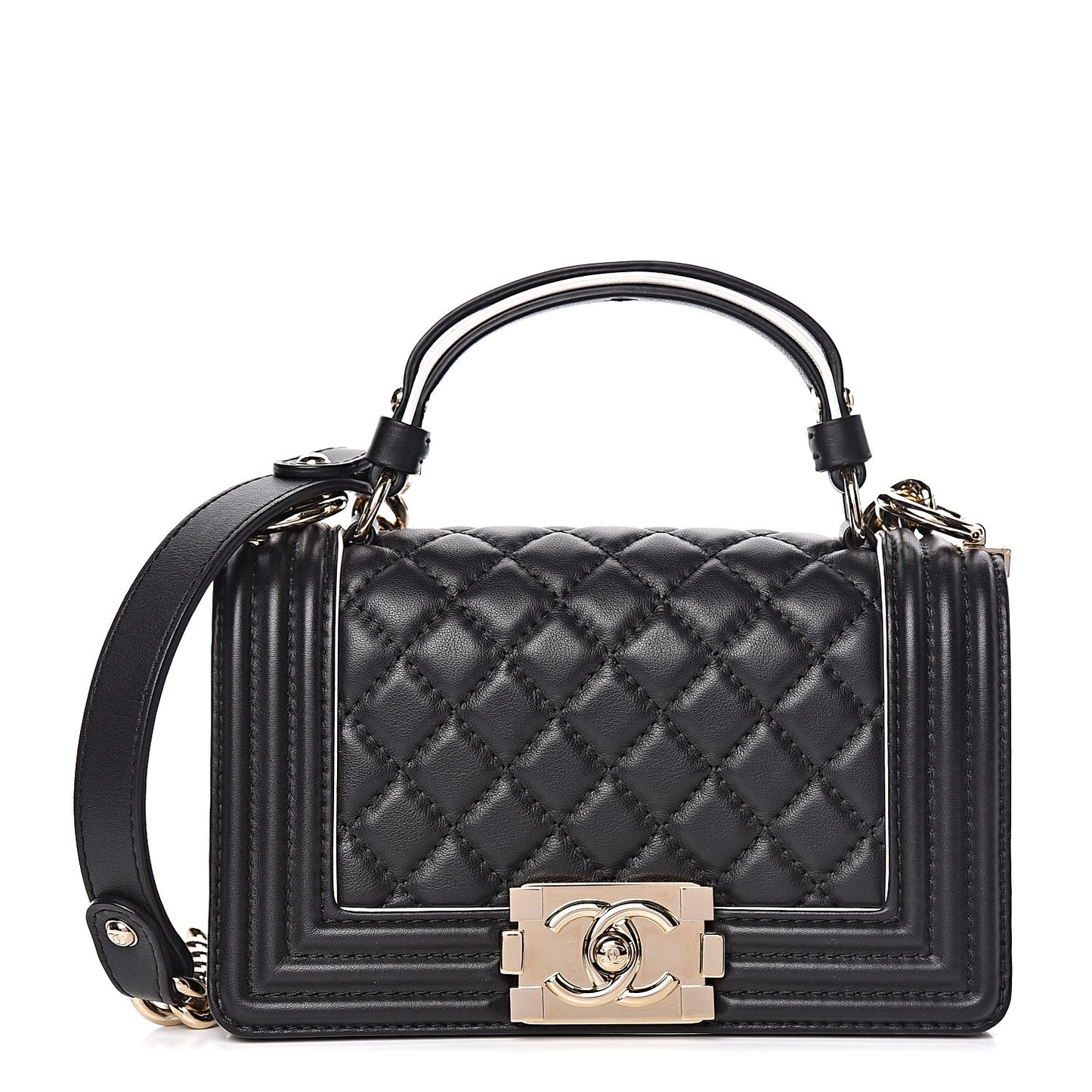 Calfskin Quilted Small Boy Top Handle Flap Black