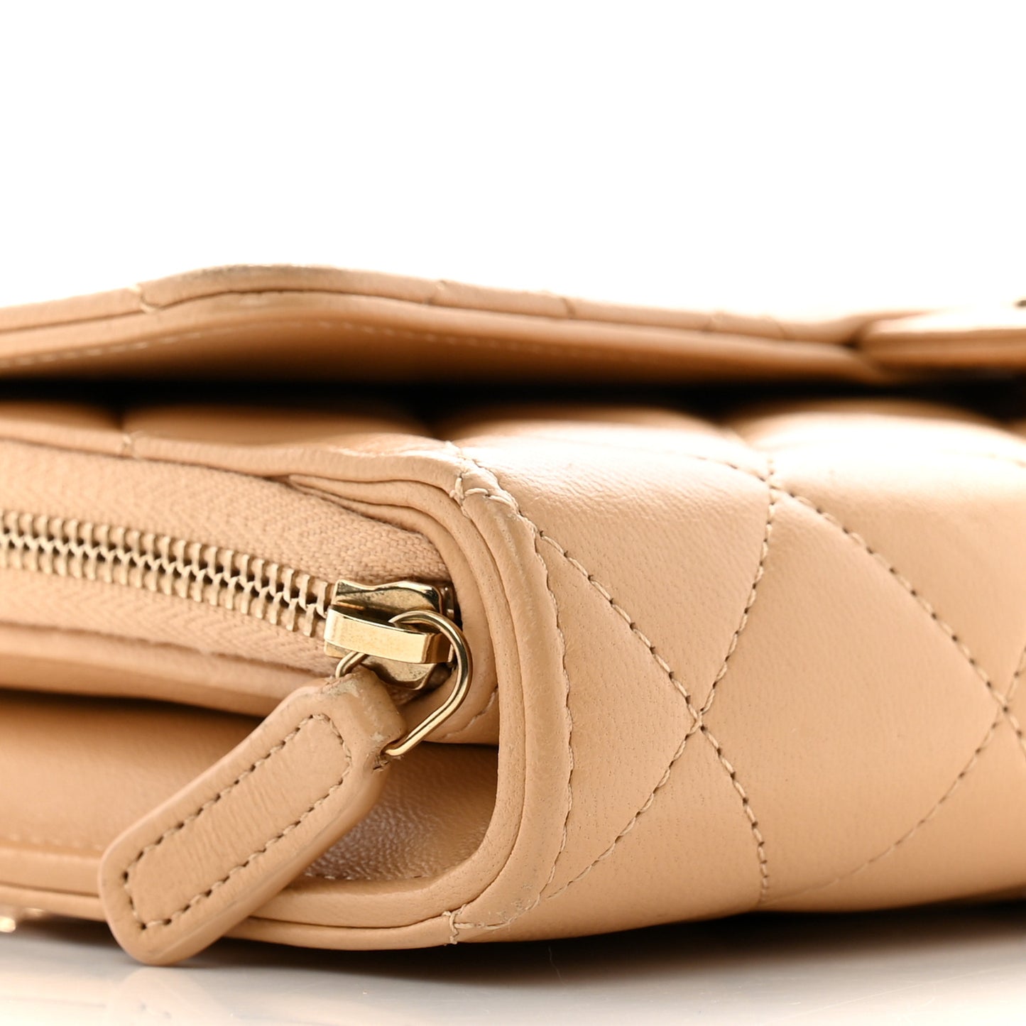 Lambskin Quilted Phone Holder Wallet on Removable Chain Beige