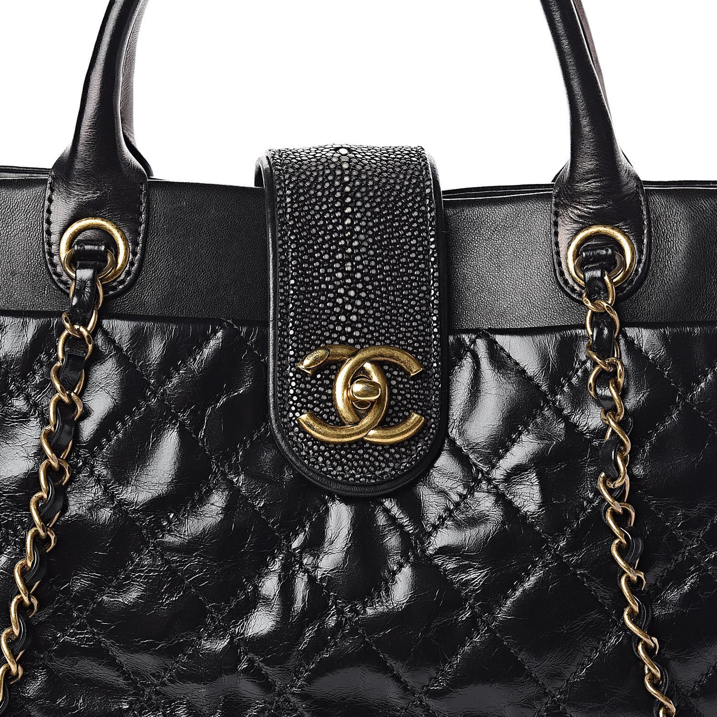Glazed Calfskin Stingray Large Bindi CC Tote Black