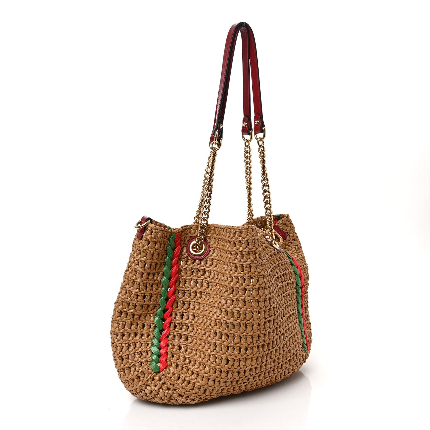 Raffia Effect Medium GG Marmont Shoulder Tote Bag Natural Red Green