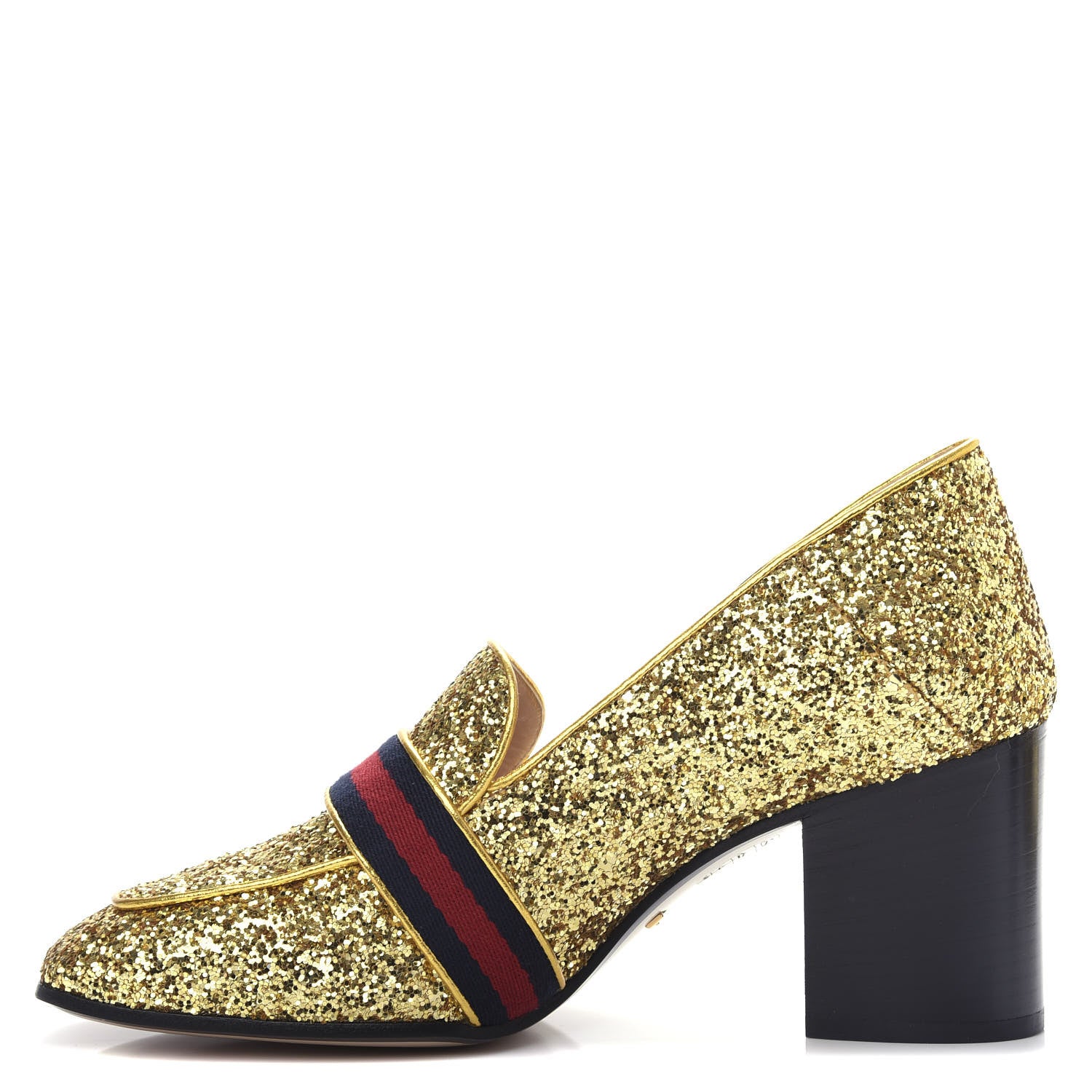 Gucci Glitter Nappa Web Peyton 75mm Loafer Pumps 38.5 Oro Vecchio 1 of 12