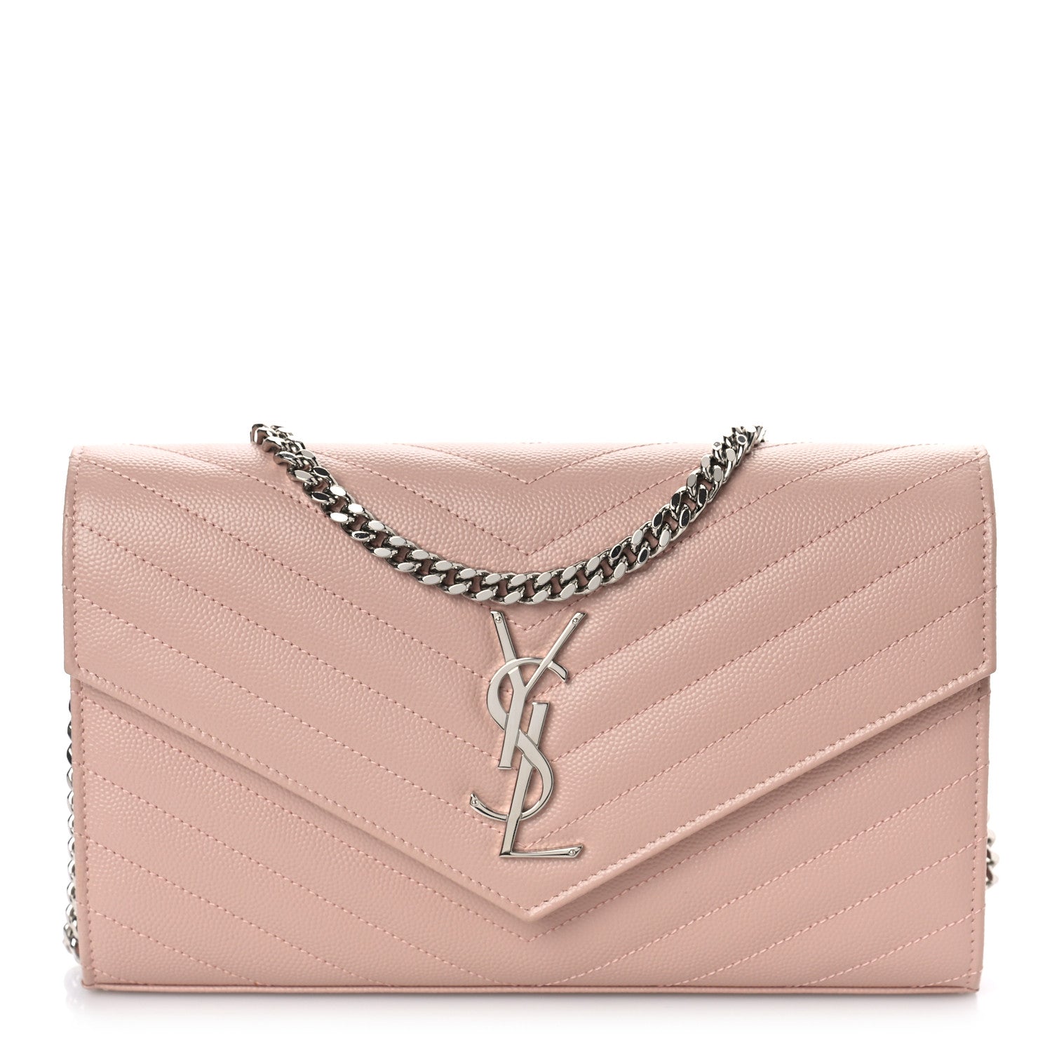Saint Laurent Grain De Poudre Matelasse Chevron Monogram Chain Wallet Pale Pink 1 of 9