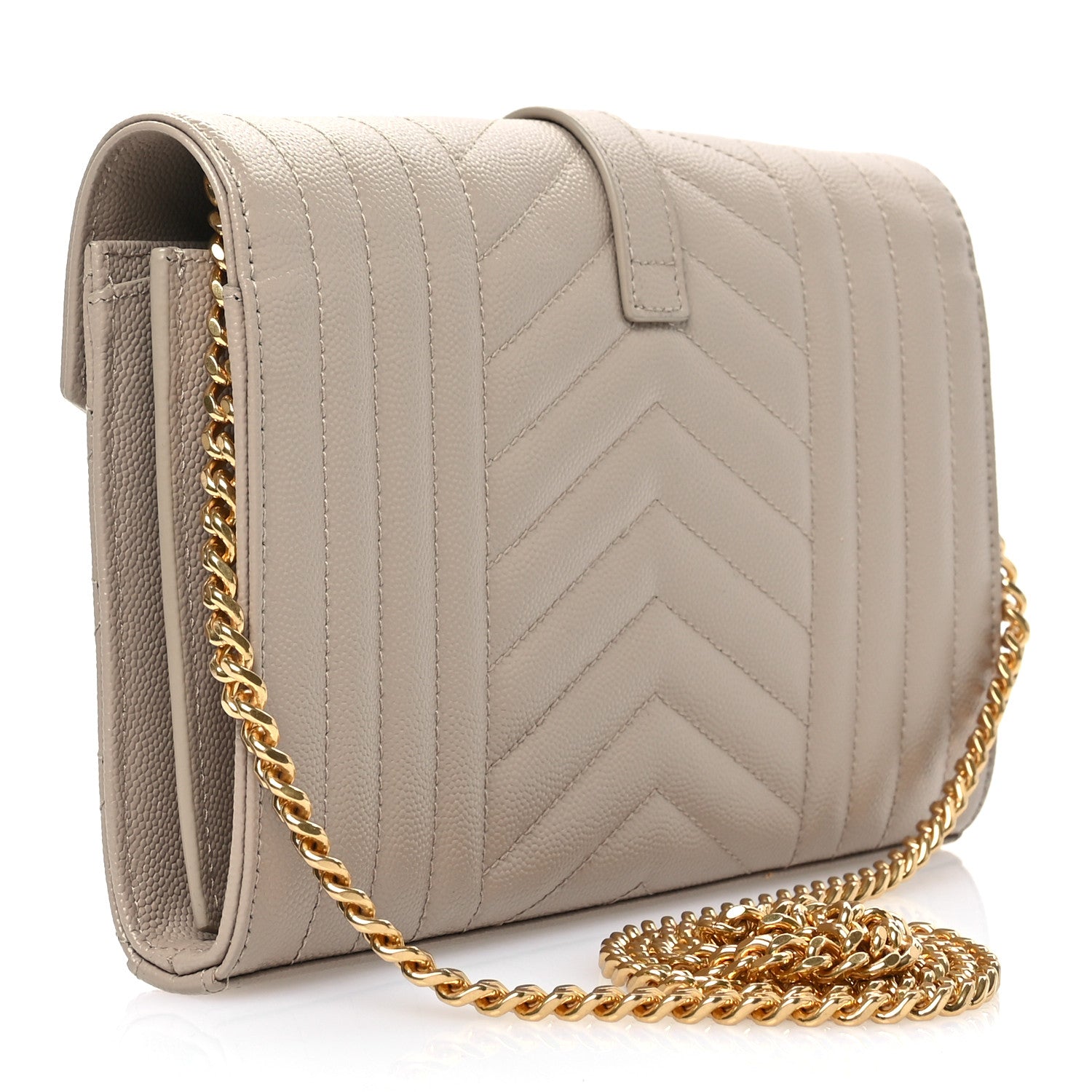 Saint Laurent Grain De Poudre Mixed Matelasse Triquilt Monogram Chain Wallet Dark Beige 3 of 11