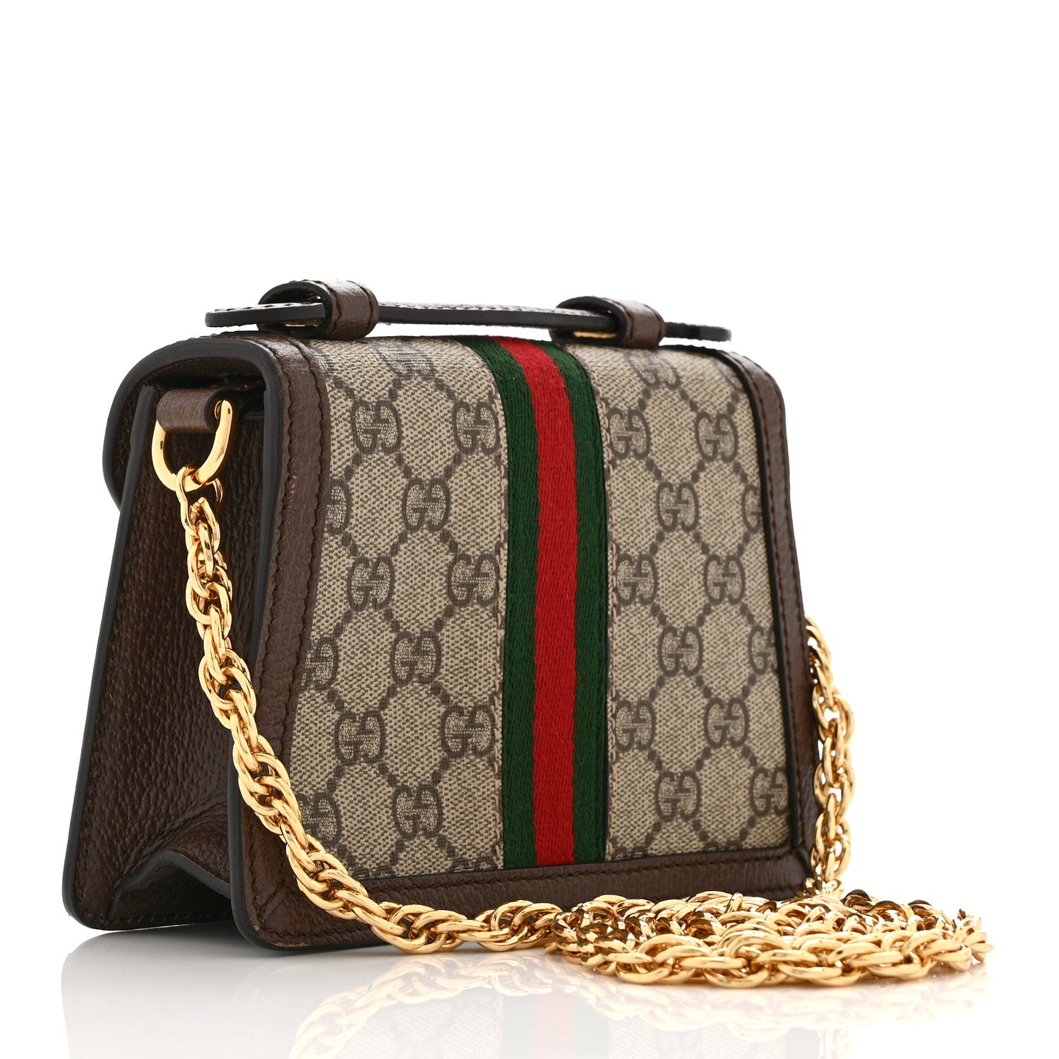 Gucci GG Supreme Monogram Textured Dollar Calfskin Web Mini Ophidia Padlock Top Handle Chain Shoulder Bag Beige Ebony New Acero 3 of 10