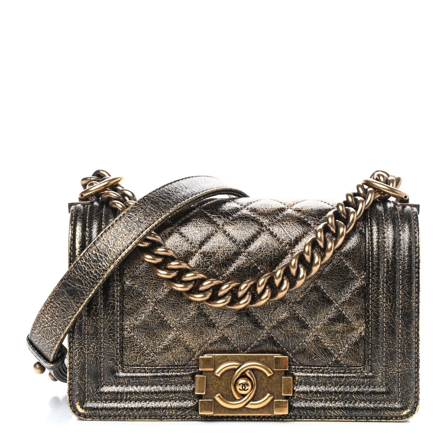 Cracked Metallic Calfskin Quilted Small Boy Flap Gold