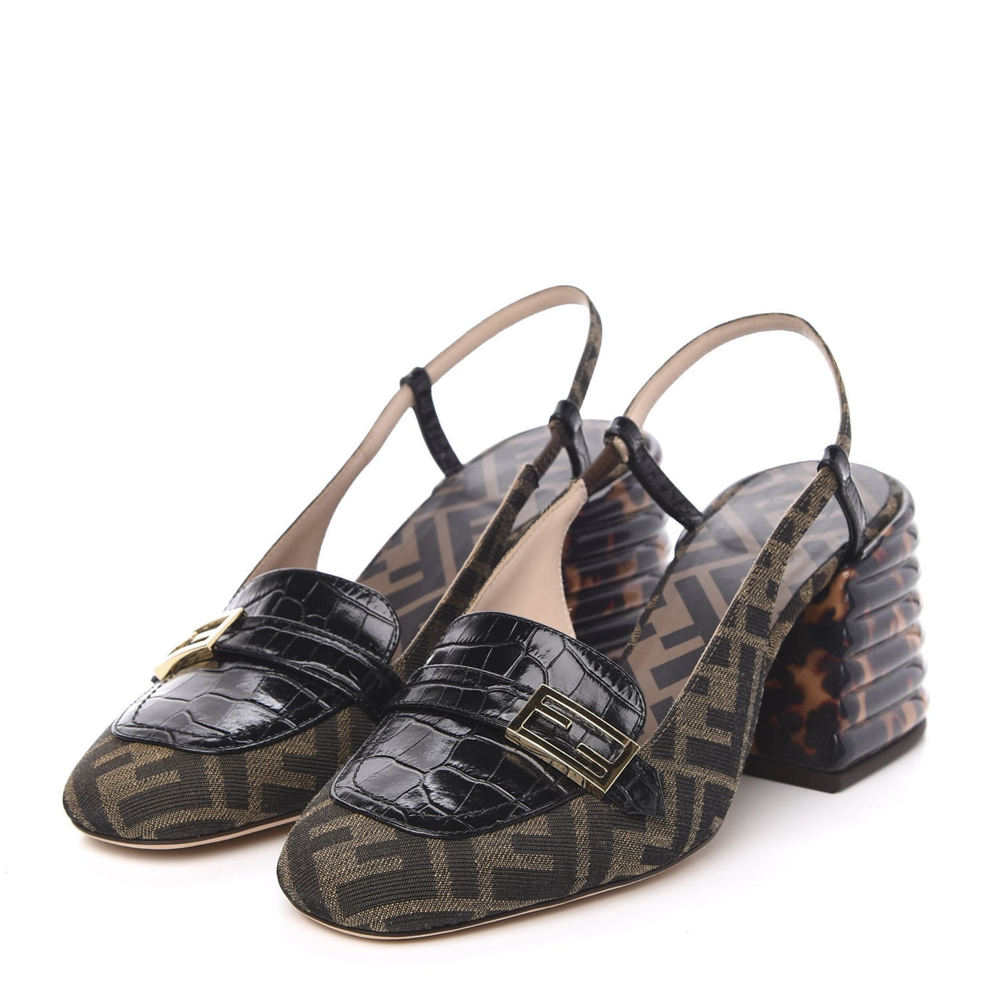 Jacquard Calfskin FF Tortoise Promenade Slingback Loafer Pumps 39 Tobacco