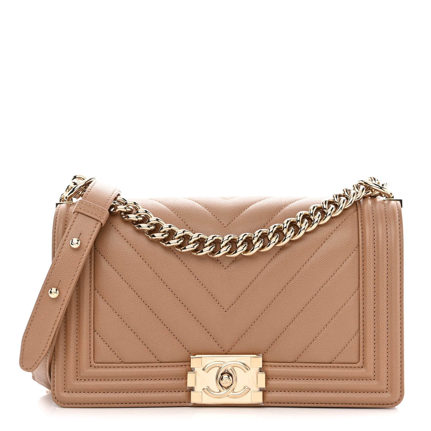 Caviar Chevron Quilted Medium Boy Flap Dark Beige