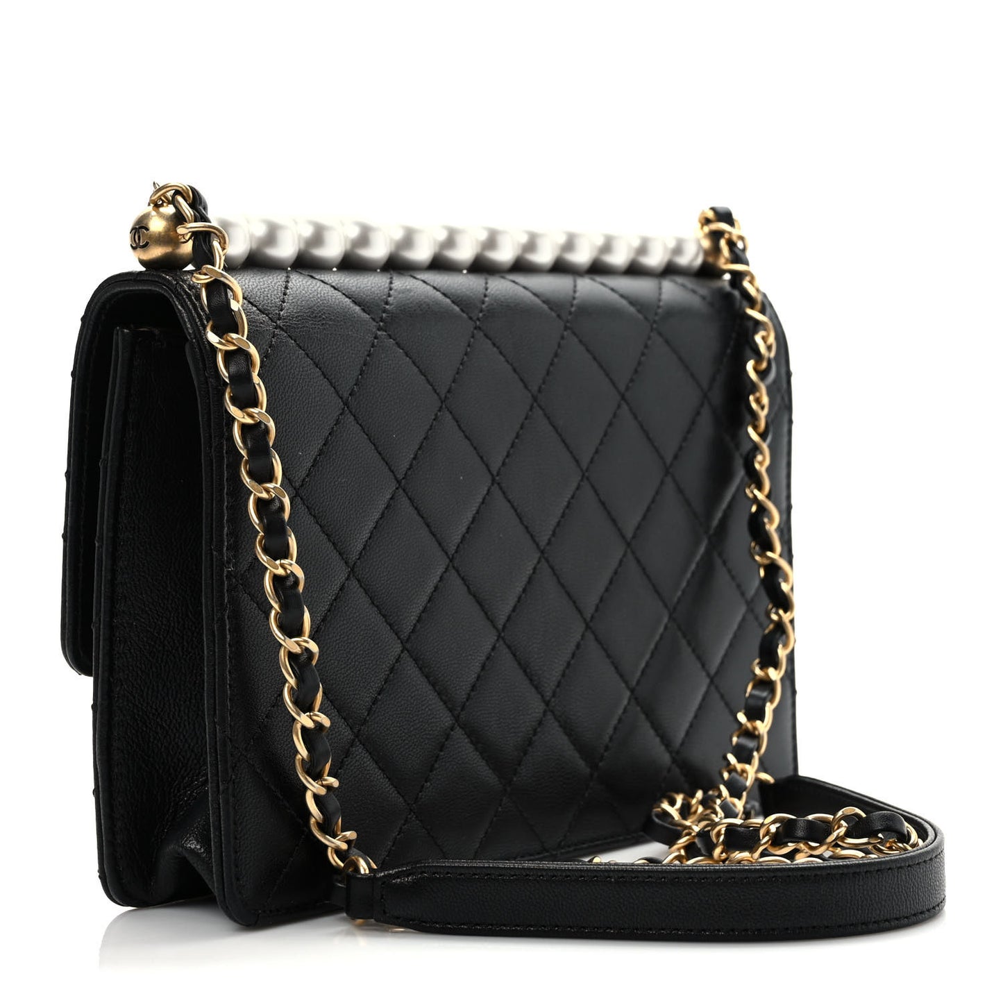 Goatskin Quilted Small Chic Pearls Flap Black