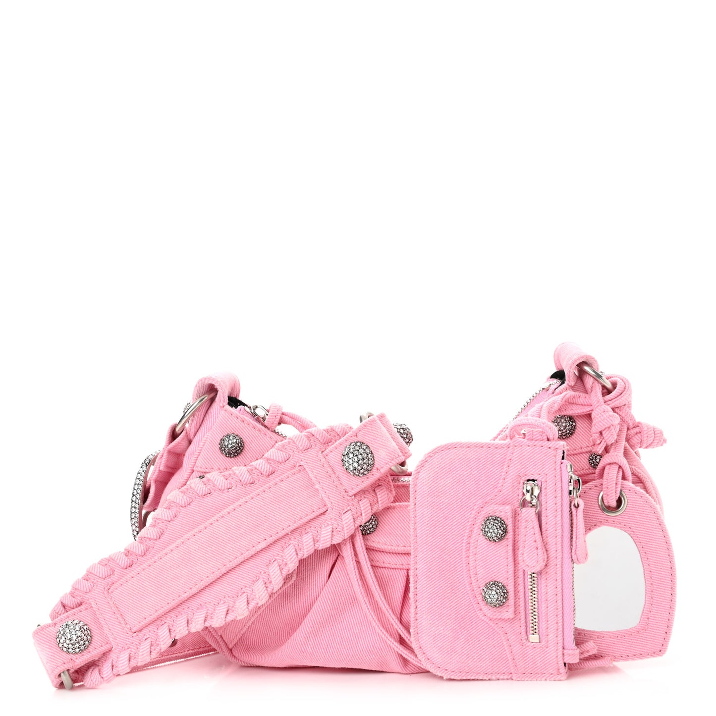 Washed Frayed Denim Crystal Le Cagole Shoulder Bag XS Denim Pink