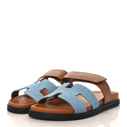 Hermes Denim Calfskin Womens Chypre Sandals 39 Bleu Clair Naturel 2 of 8