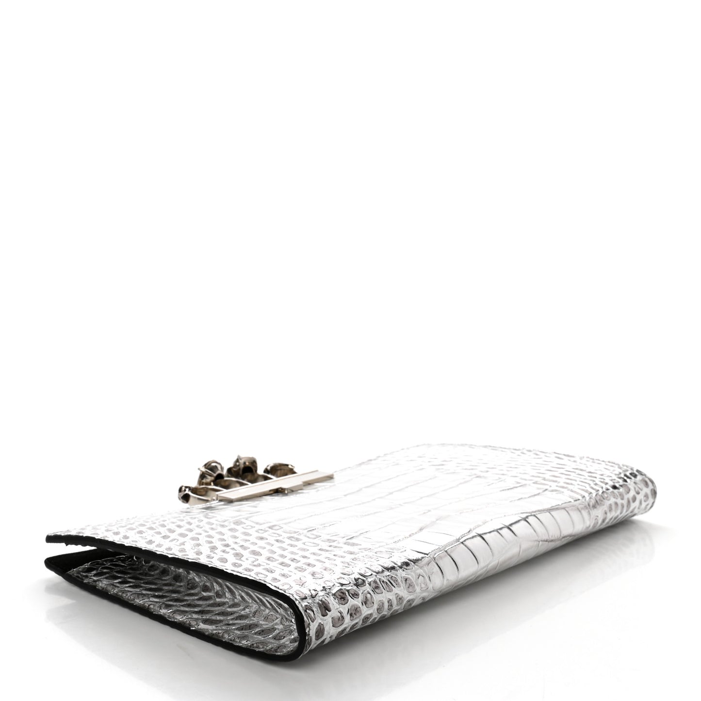 Metallic Calfskin Crocodile Embossed Four Ring Flat Pouch Bag Silver