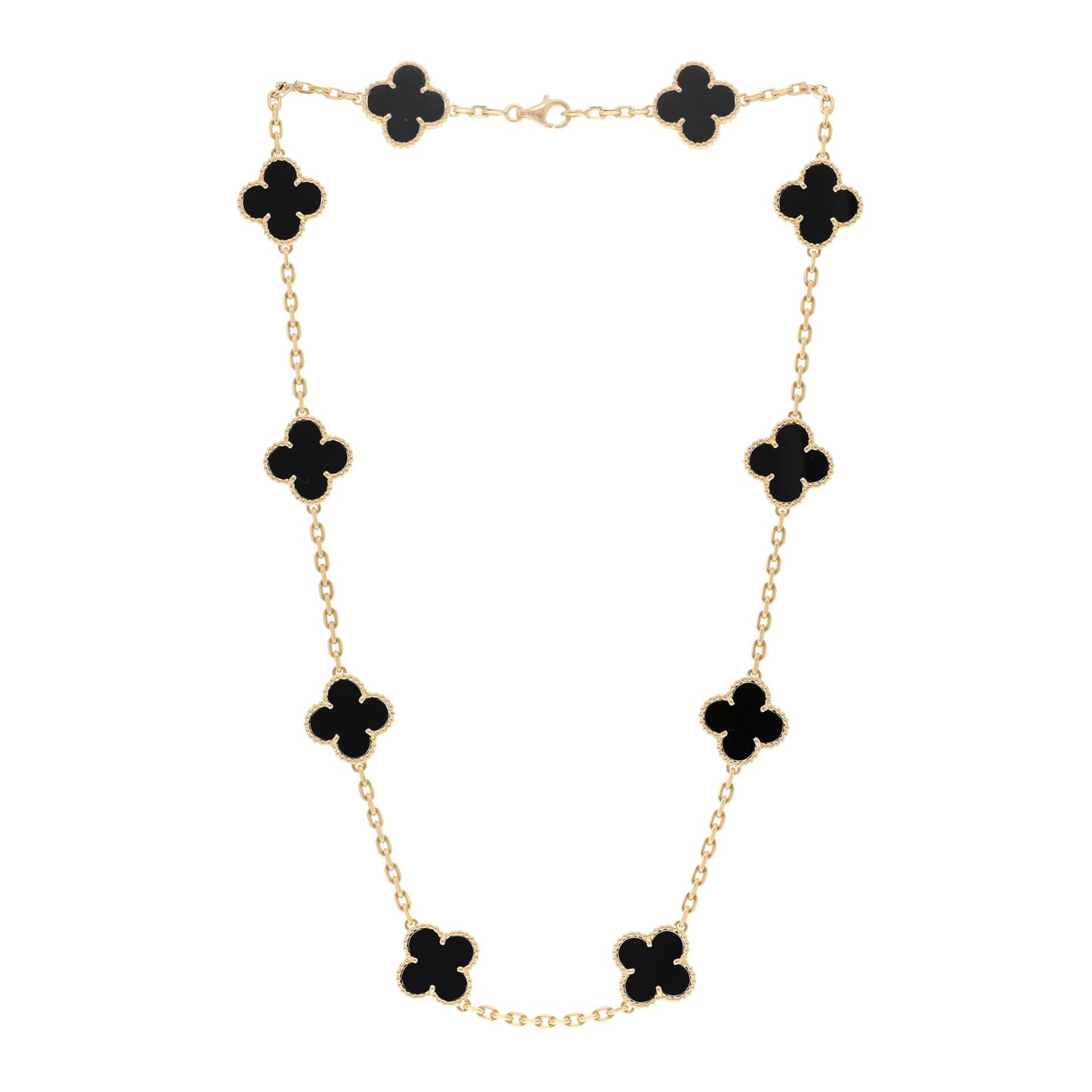 18K Yellow Gold Black Onyx 10 Motifs Vintage Alhambra Necklace