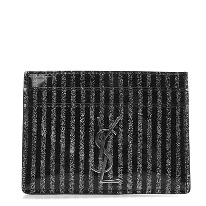 Saint Laurent Patent Glitter Striped Monogram Credit Card Case Black Silver 1 of 6