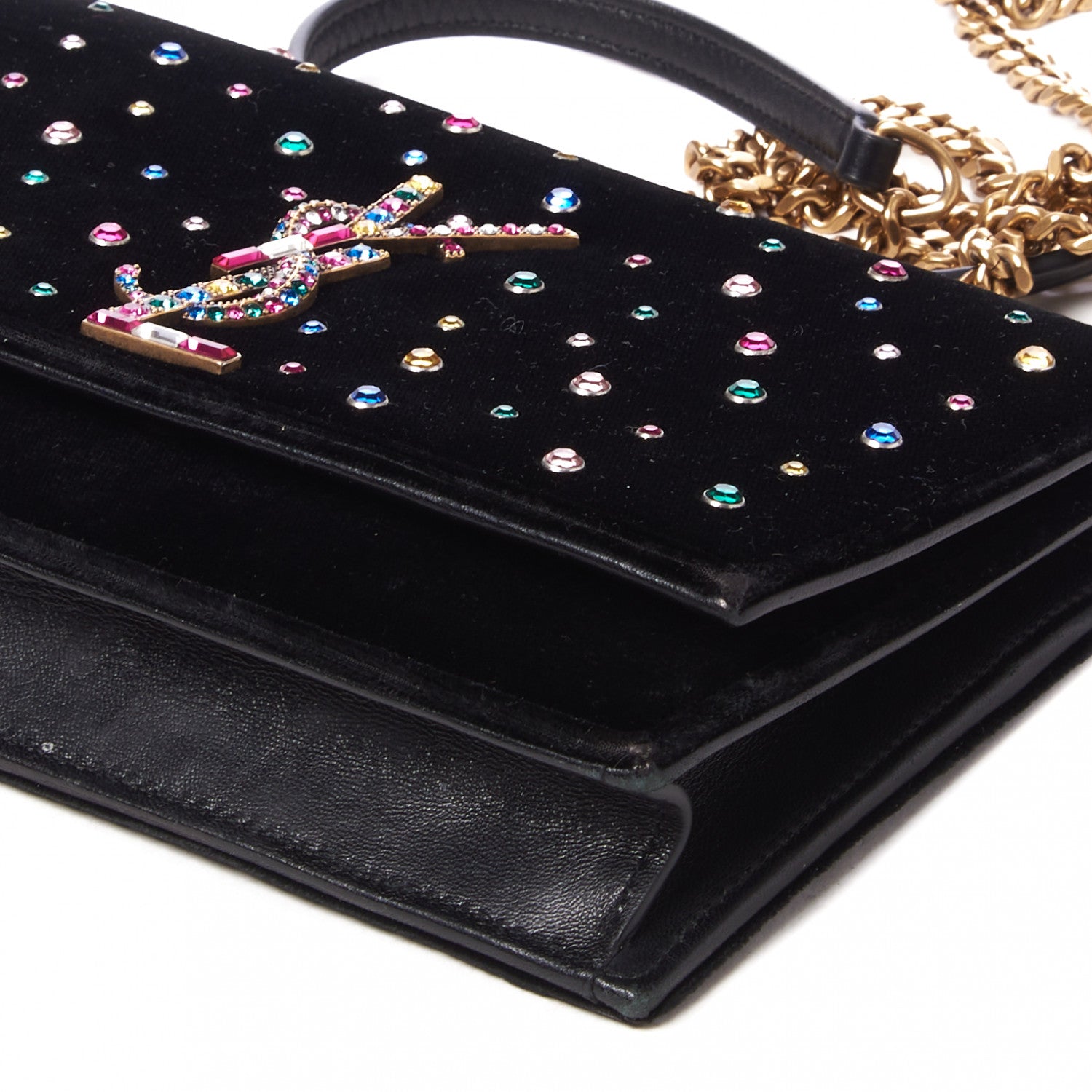 Saint Laurent Velvet Crystal Embellished Monogram Kate Chain Wallet Black 5 of 9