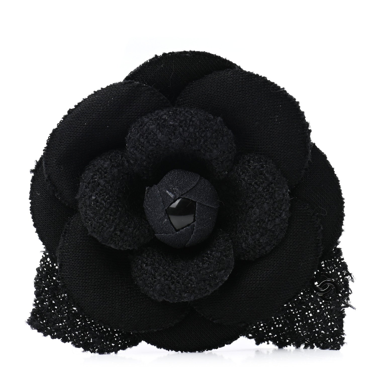 Chanel Tweed Camellia Pin Brooch Black 1 of 4