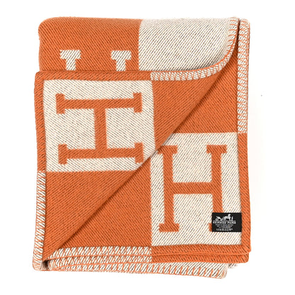 Hermes Wool Cashmere Signature Classic Avalon Blanket Ecru Potiron Ecru Potiron 2 of 3