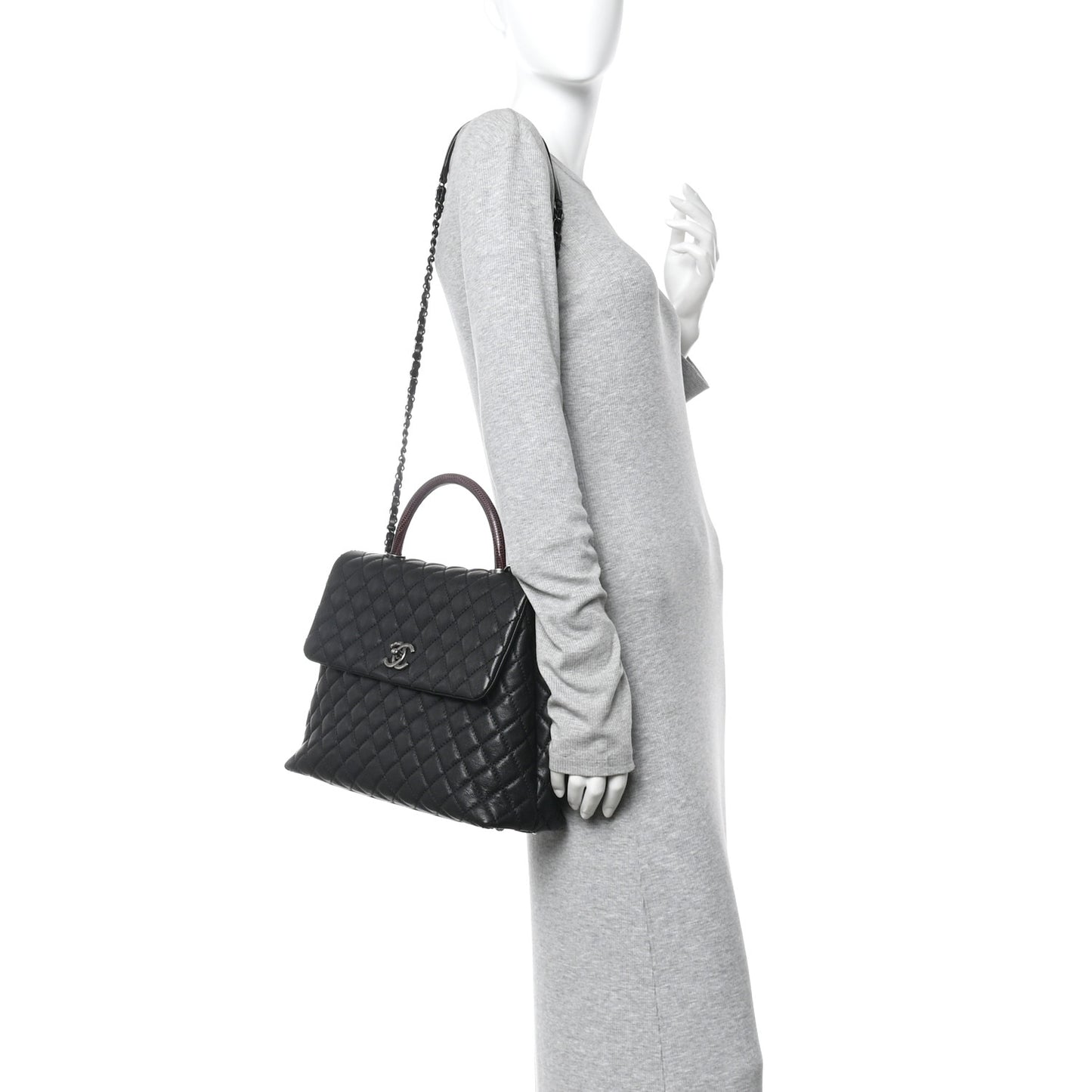 Caviar Lizard Quilted Large Coco Handle Flap Black