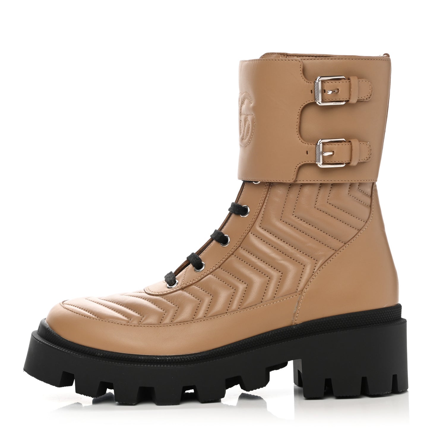 Nappa Frances GG Matelasse Platform Combat Boots 39.5 Beige