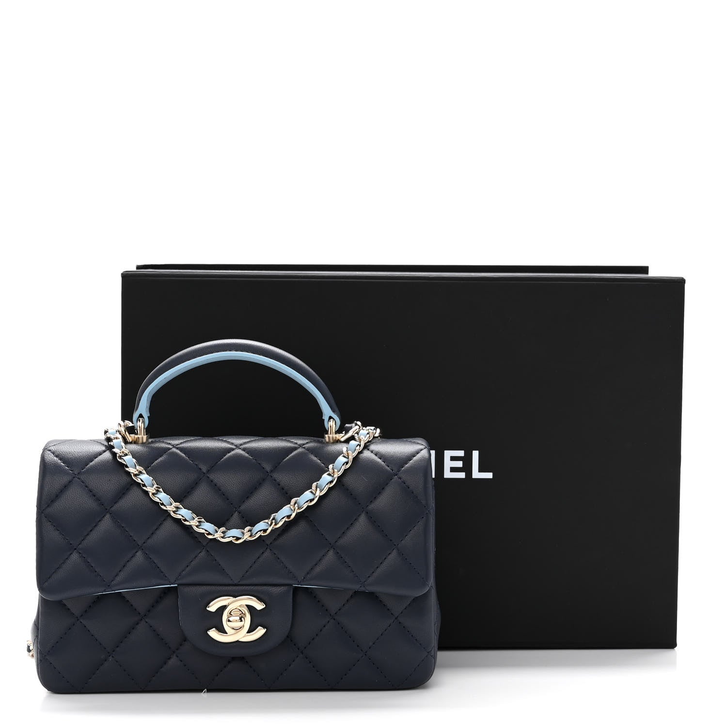 Chanel Lambskin Quilted Bi-Color Mini Top Handle Rectangular Flap Navy Blue Light Blue 11 of 11