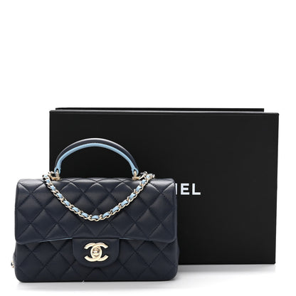 Chanel Lambskin Quilted Bi-Color Mini Top Handle Rectangular Flap Navy Blue Light Blue 11 of 11