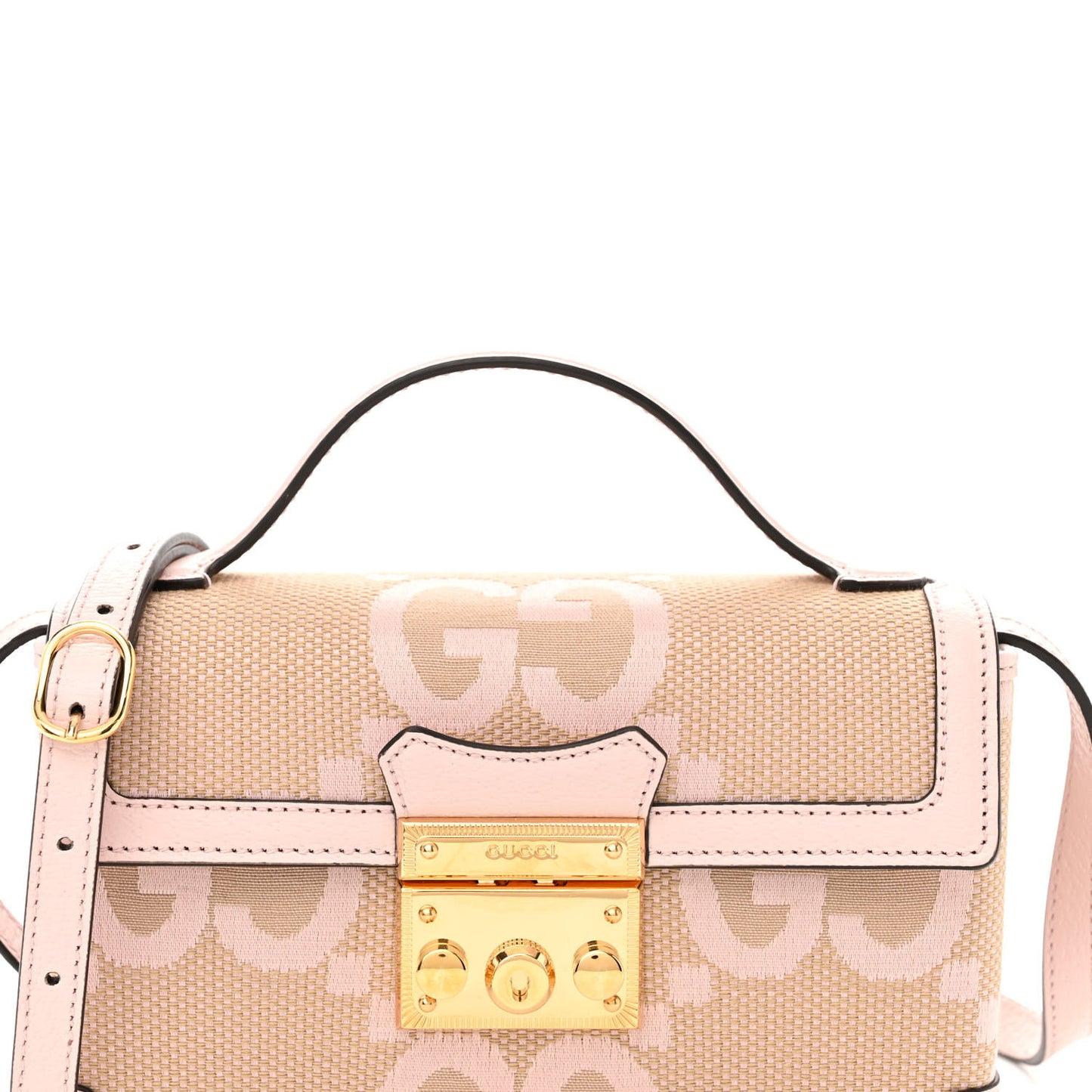 Monogram Jumbo GG Textured Dollar Calfskin Mini Padlock Top Handle Shoulder Bag Beige Perfect Pink