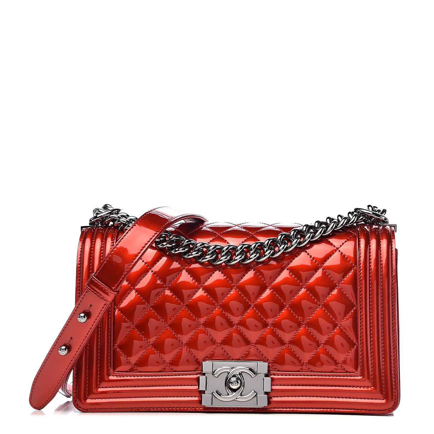 Metallic Patent Calfskin Quilted Medium Boy Flap Red