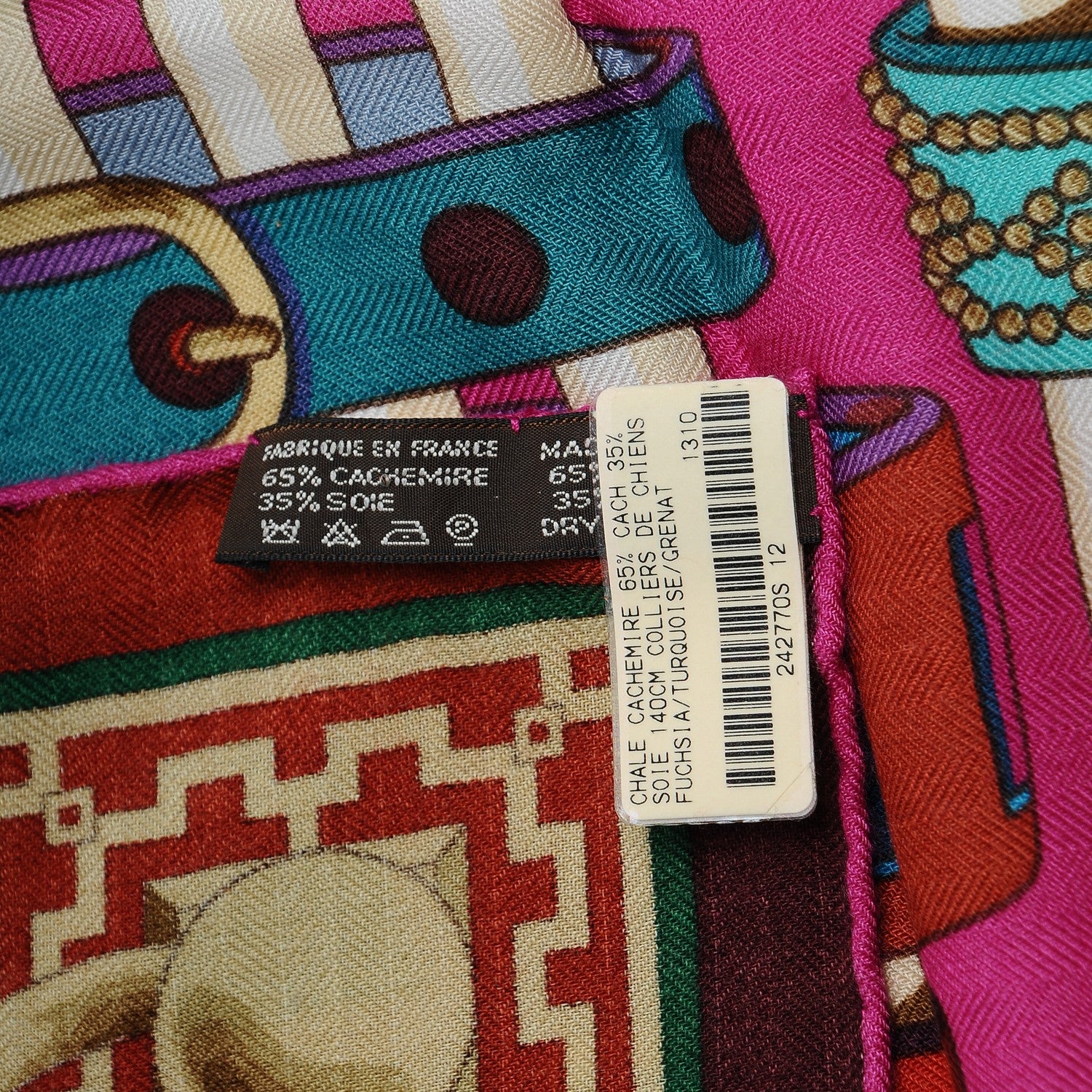 Hermes Cashmere Silk Colliers de Chiens Shawl 140 Fuchsia Turquoise Grenat 8 of 8