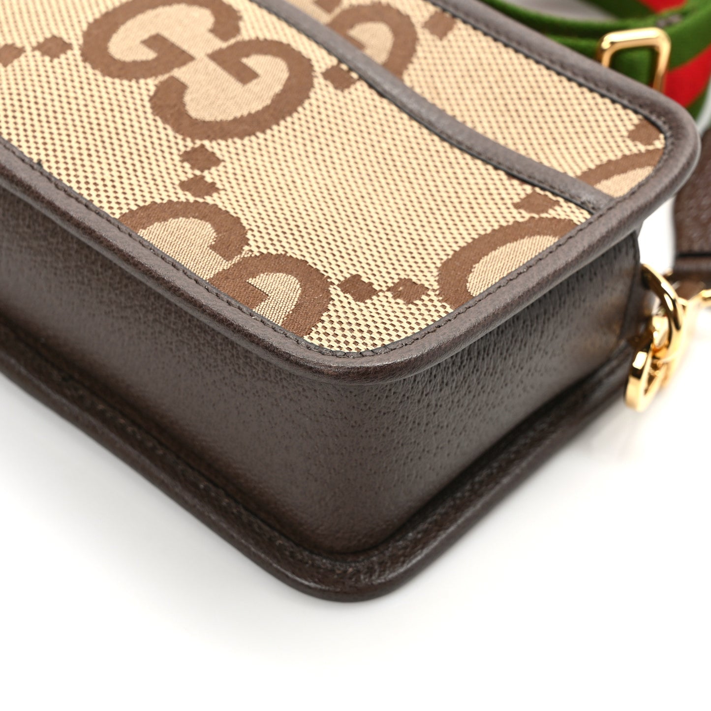Monogram Jumbo GG Textured Dollar Calfskin Web Mini Crossbody Bag Camel Ebony New Acero