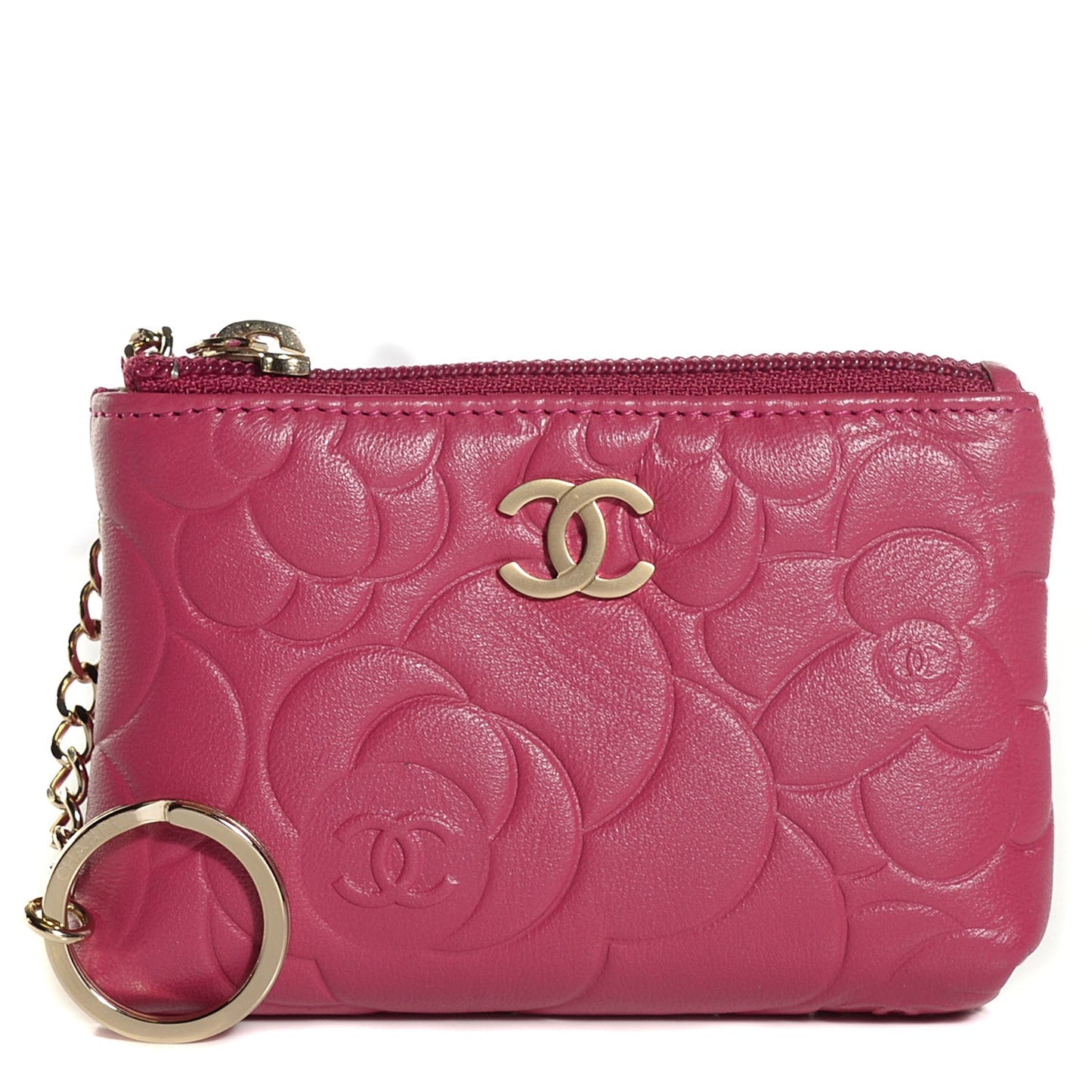Lambskin Camellia Embossed Coin Purse Pink