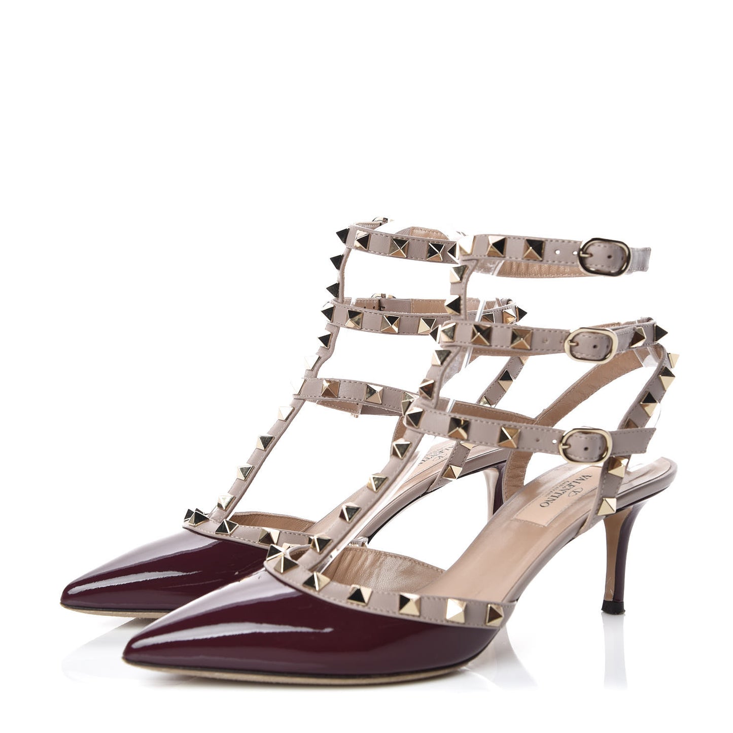Patent Rockstud Ankle Strap Low Heel Pumps 37.5 Rubin Poudre