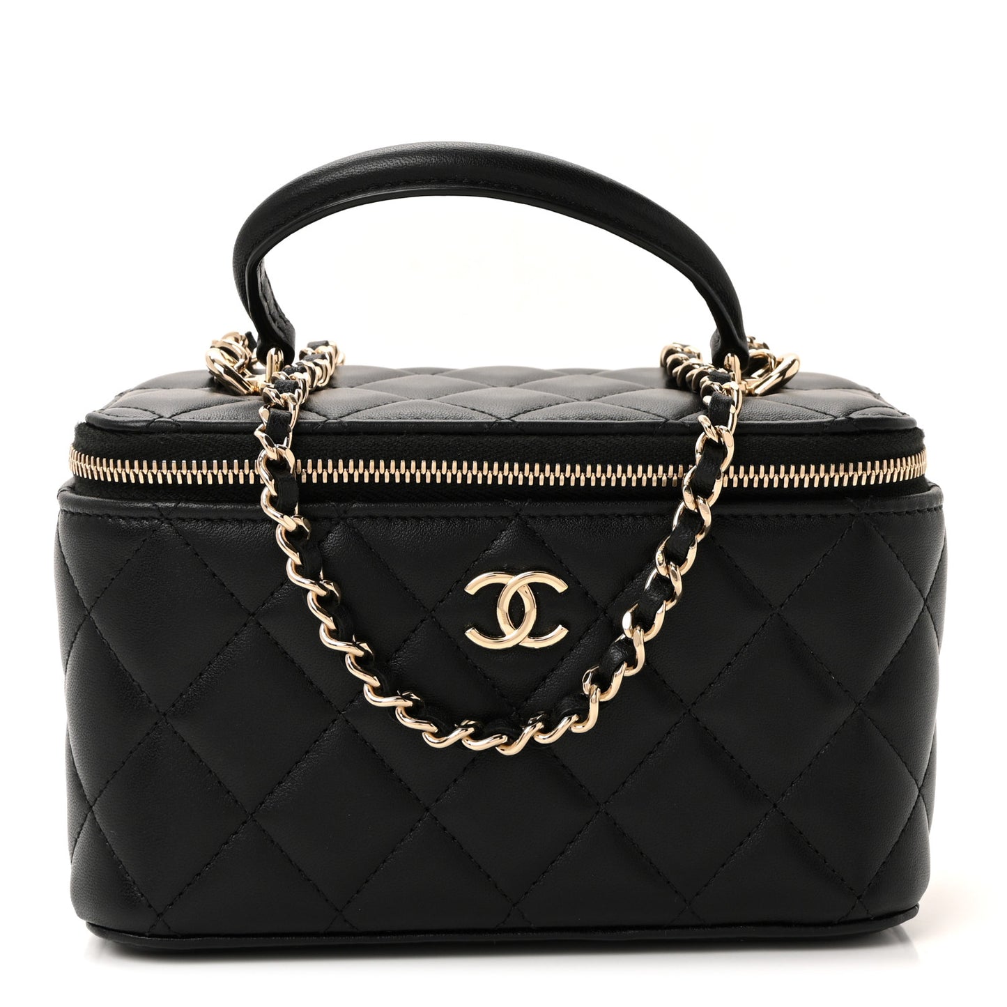 Lambskin Quilted Small Top Handle Vanity Case With Chain Black