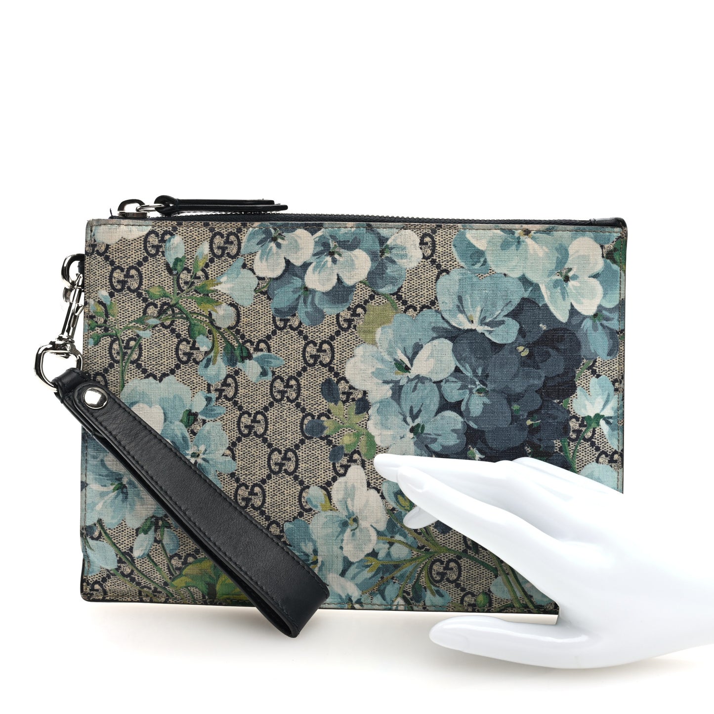GG Supreme Monogram Blooms Small Zip Wristlet Pouch Beige Blue Black