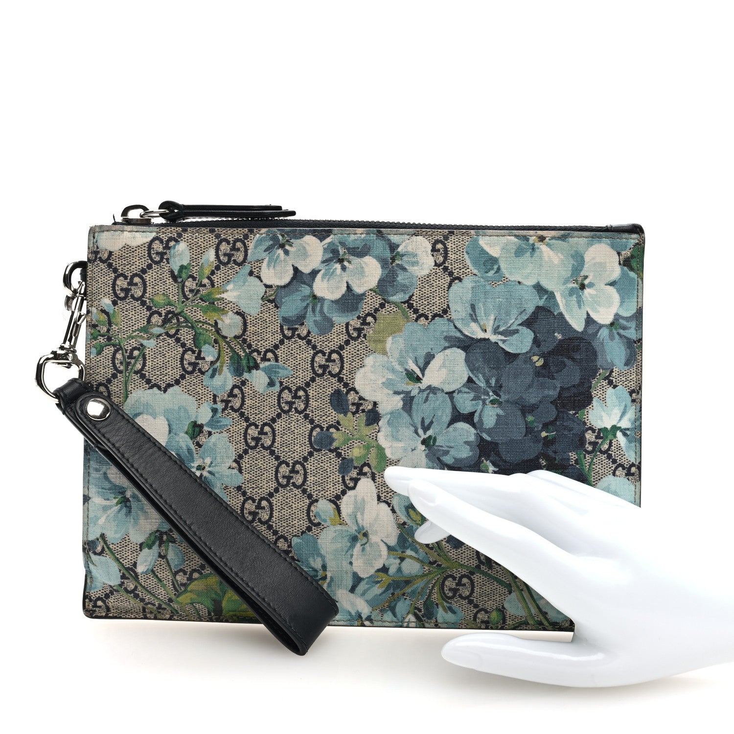 Gucci GG Supreme Monogram Blooms Small Zip Wristlet Pouch Beige Blue Black 2 of 6