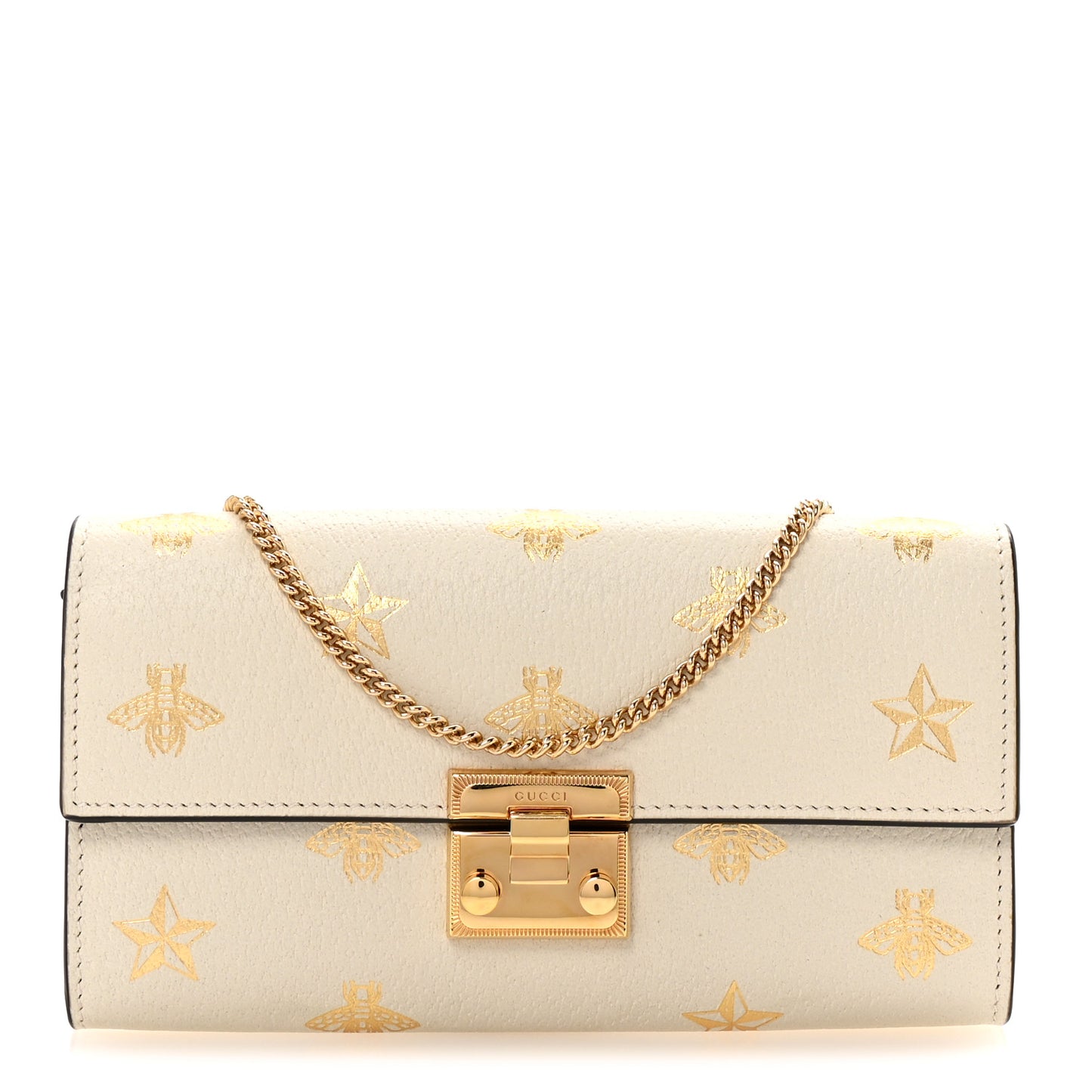 Grained Calfskin Bee Star Continental Chain Wallet White
