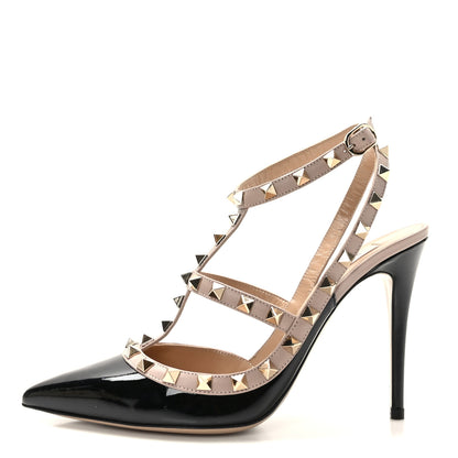 Valentino Garavani Patent Nappa Rockstud Ankle Strap 100mm Pumps 38 Black Poudre 1 of 8