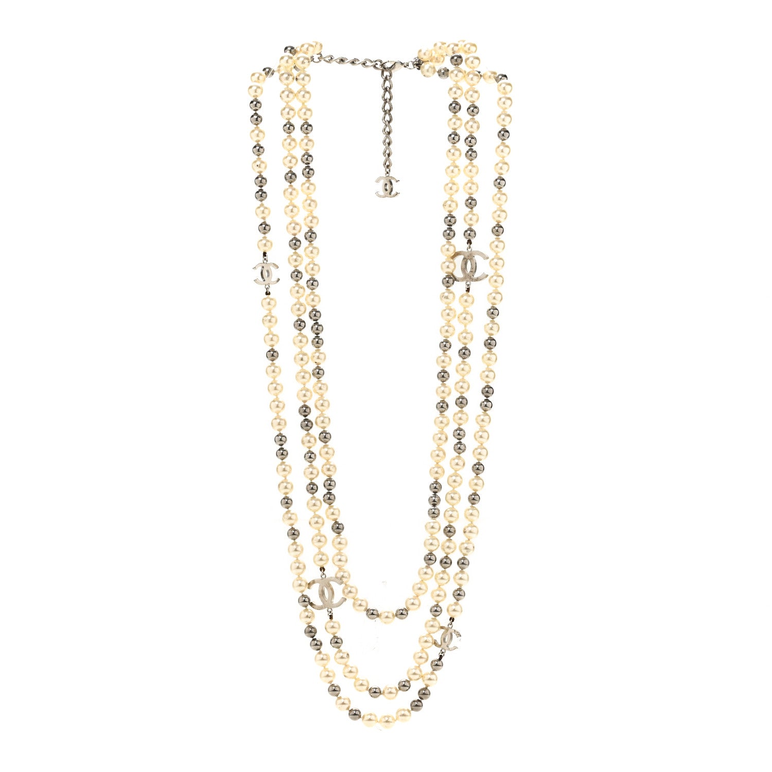 Chanel Pearl CC Multi Strand Long Necklace Silver Pearly White Grey 3 of 6