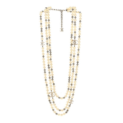 Chanel Pearl CC Multi Strand Long Necklace Silver Pearly White Grey 3 of 6