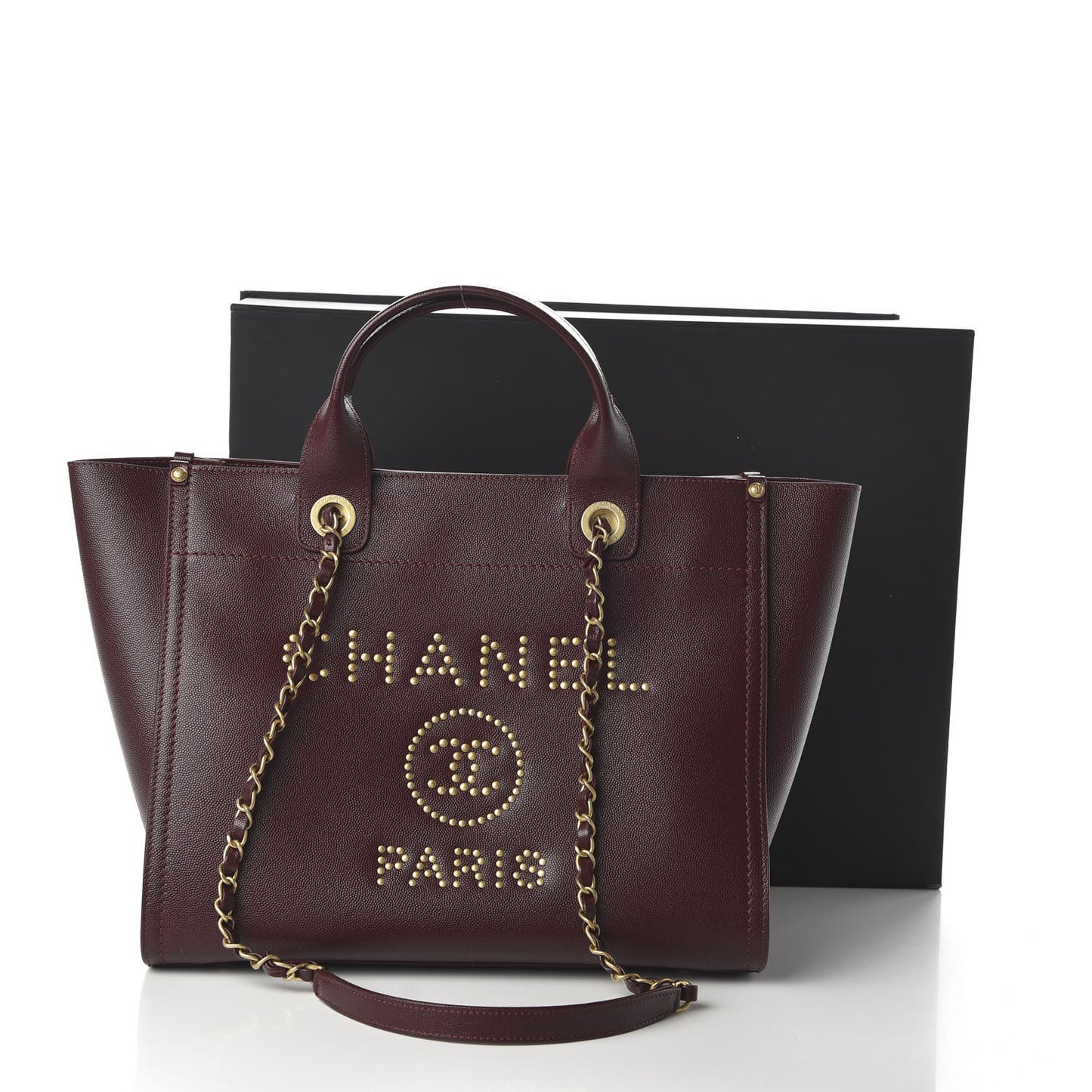 Caviar Medium Studded Deauville Tote Burgundy