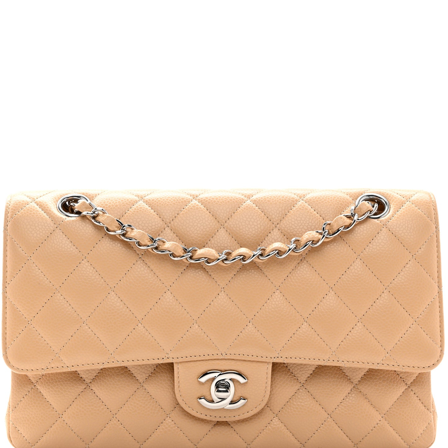 Caviar Quilted Medium Double Flap Beige