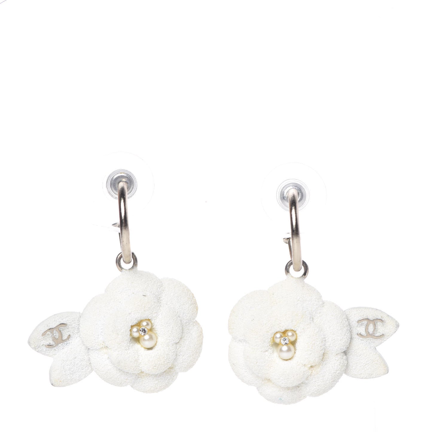 Textured CC Crystal Pearl Camellia Drop Earrings White