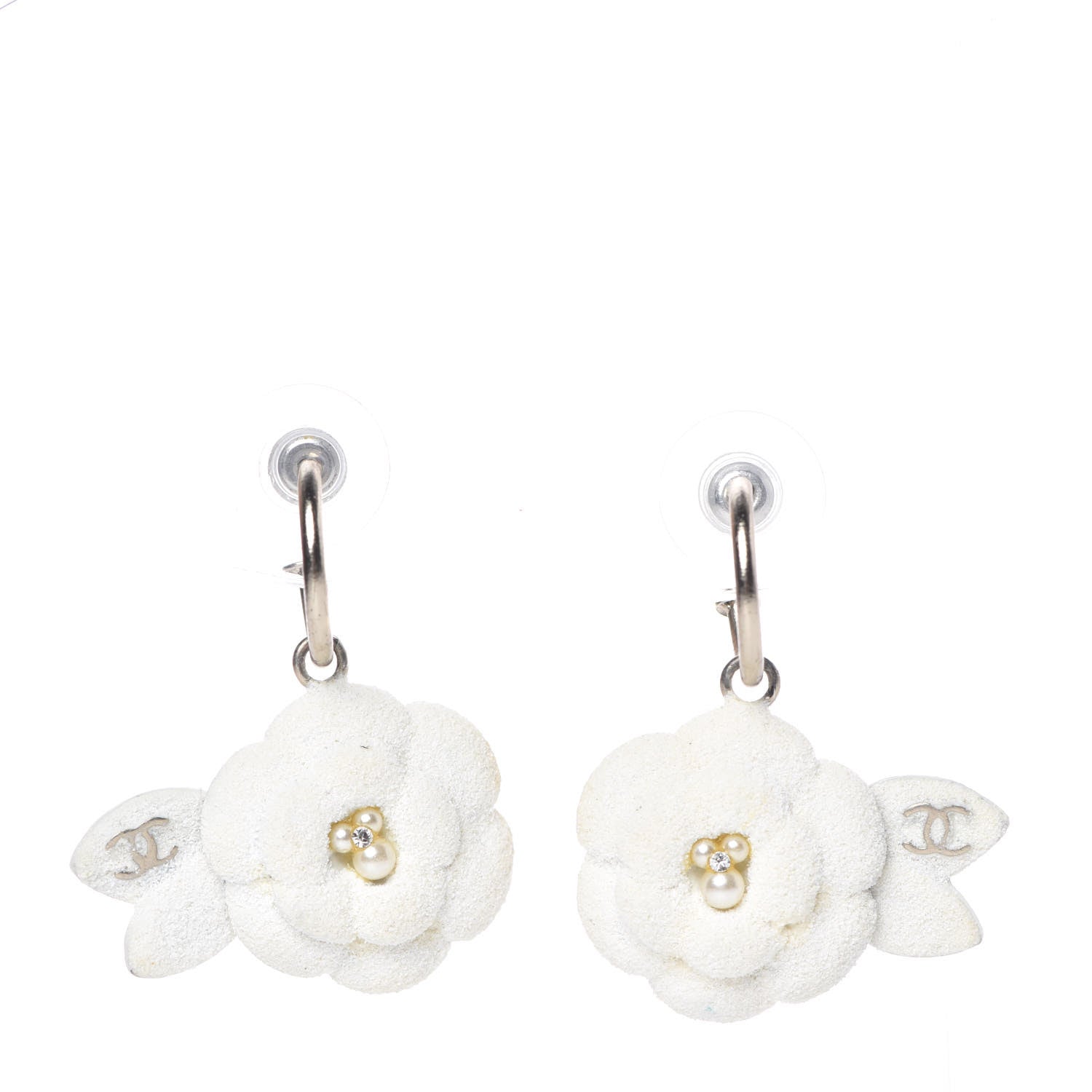 Chanel Textured CC Crystal Pearl Camellia Drop Earrings White 1 of 5