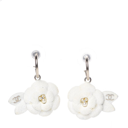 Chanel Textured CC Crystal Pearl Camellia Drop Earrings White 1 of 5