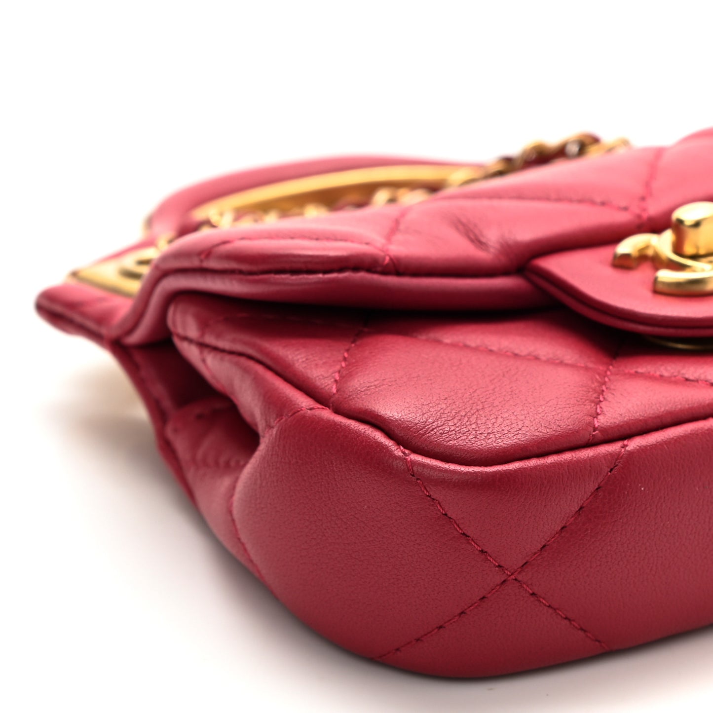 Calfskin Quilted Lady Handle Flap Card Holder With Chain Dark Pink