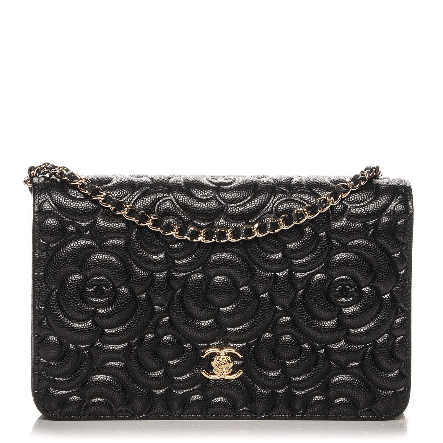 Chanel Caviar Camellia Embossed Wallet On Chain WOC Black 1 of 8