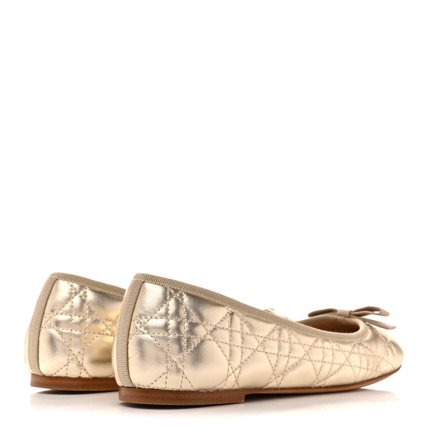 Metallic Lambskin Cannage Pearl Bow Ballet Flats 38 Pale Gold