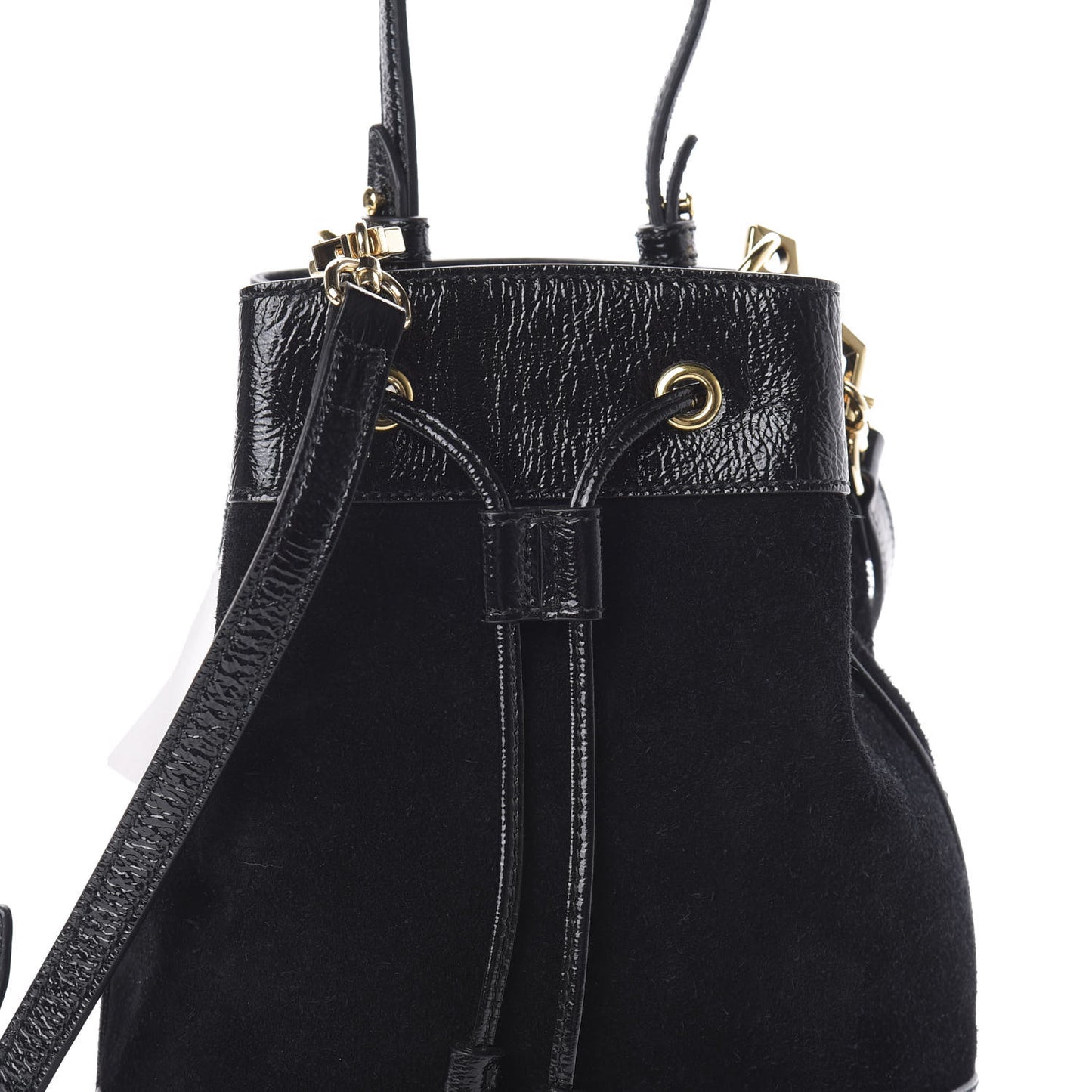 Suede Patent Web Small Ophidia Bucket Bag Black
