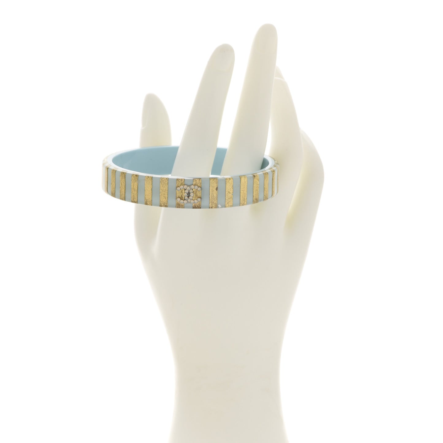 Resin Crystal Striped CC Cuff Bangle Bracelet Light Blue Gold