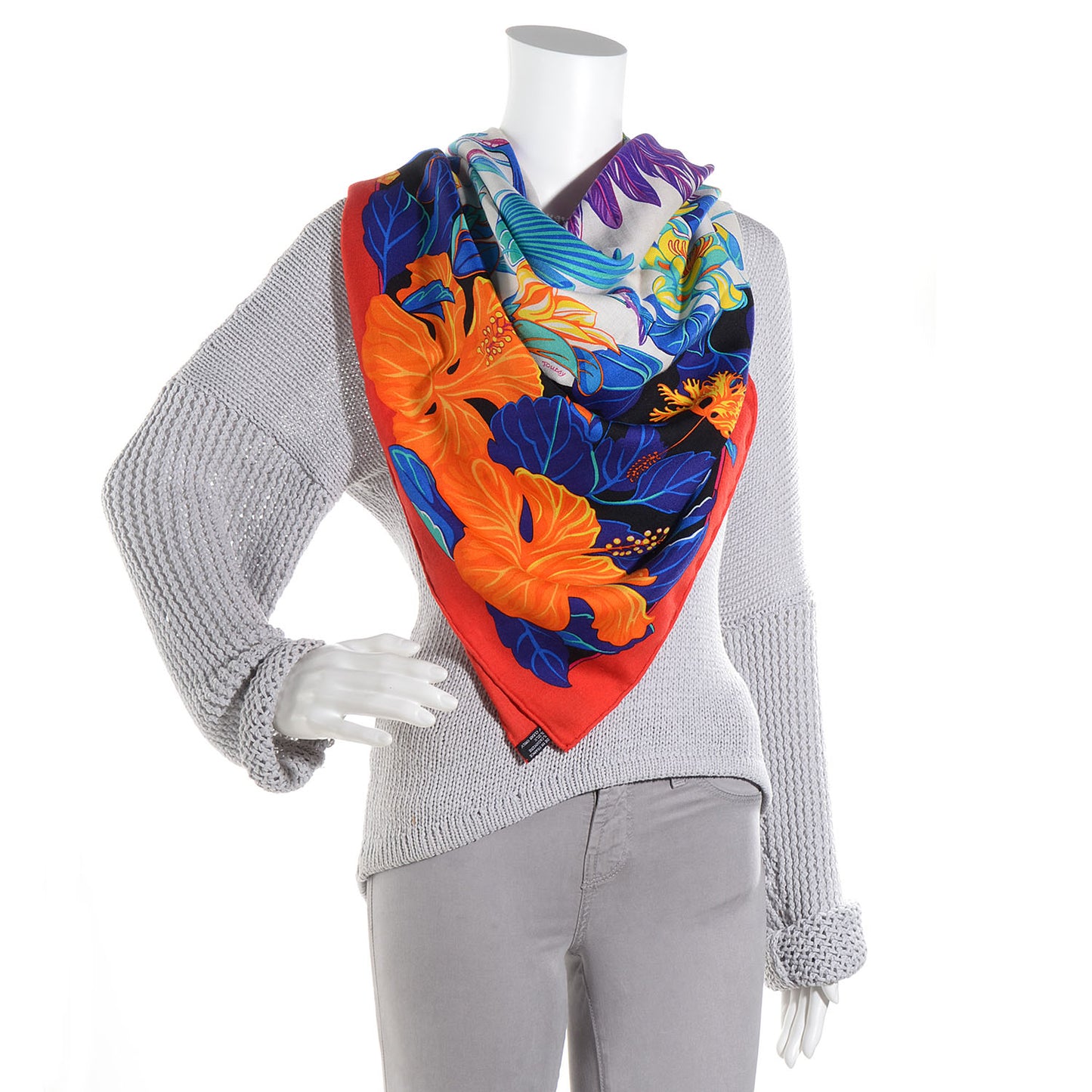 Cashmere Silk Flamingo Party Shawl 140 Rouge Vif Blanc Bleu
